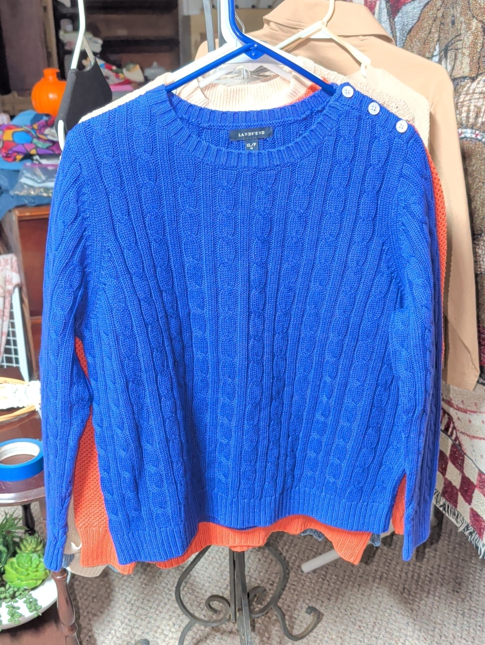 Lands' End Cable-Knit Crewneck Sweater in Bright Purple with Shoulder Buttons